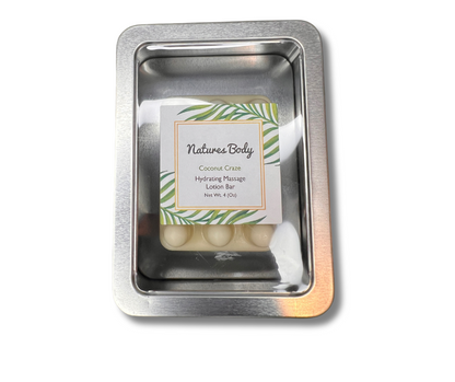 Hydrating Massage lotion bar with tin container packaging for travel